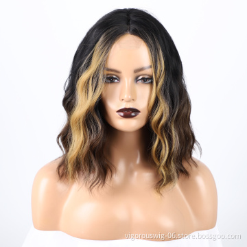 Top Quality Short Wavy Bob Wigs Black Women's Middle Part Highlight Blonde Synthetic Lace Wigs Wholesale Price